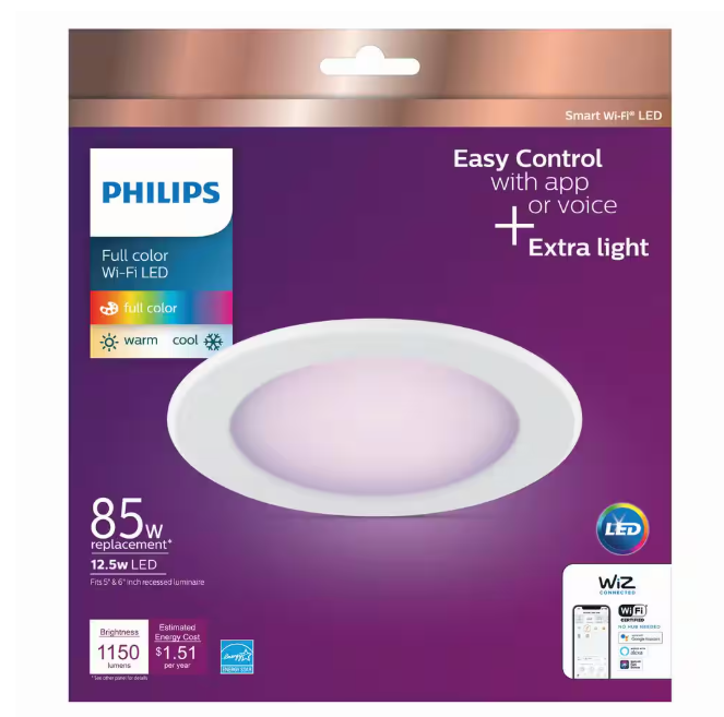 Philips 5 in. /6 in. Integrated LED Color Changing 85-Watt Equivalent Dimmable Smart Wi-Fi Wiz Recessed Light Kit (1-Pack)