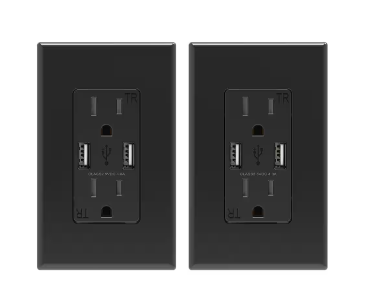 ELEGRP 4 Amp USB Dual Type A In-Wall Charger with 15 Amp Duplex Tamper Resistant Outlet, Wall Plate Included, Black (2-Pack)