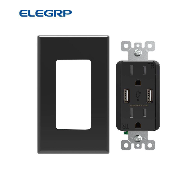 ELEGRP 4 Amp USB Dual Type A In-Wall Charger with 15 Amp Duplex Tamper Resistant Outlet, Wall Plate Included, Black (2-Pack)
