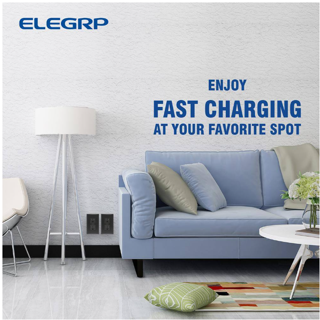 ELEGRP 4 Amp USB Dual Type A In-Wall Charger with 15 Amp Duplex Tamper Resistant Outlet, Wall Plate Included, Black (2-Pack)