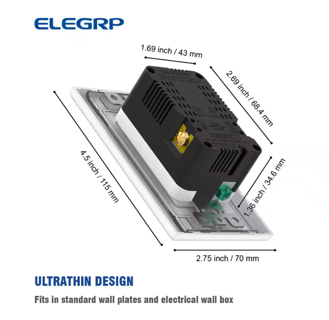 ELEGRP 4 Amp USB Dual Type A In-Wall Charger with 15 Amp Duplex Tamper Resistant Outlet, Wall Plate Included, Black (2-Pack)