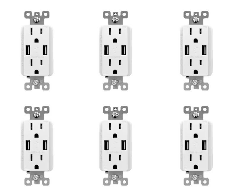 Commercial Electric 3.6 Amp Dual USB Charger and 15 Amp Receptacle, White (6-Pack)
