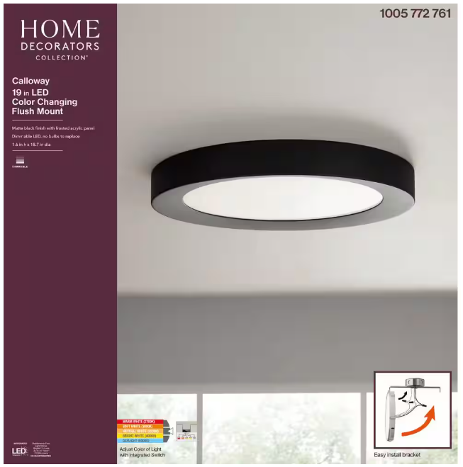 Home Decorators Collection Calloway 19 in. Matte Black Concave Selectable LED Flush Mount