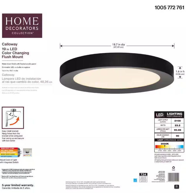 Home Decorators Collection Calloway 19 in. Matte Black Concave Selectable LED Flush Mount