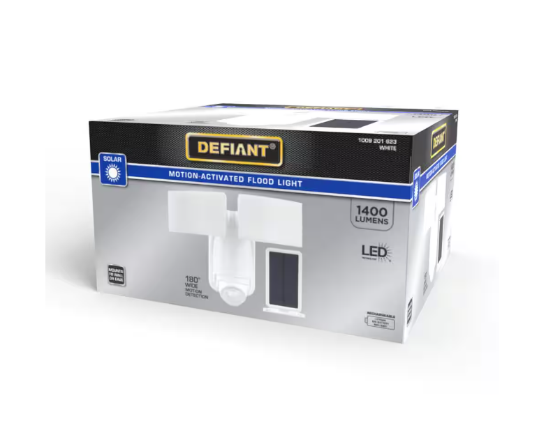 Defiant 180° White Motion Sensor Solar Powered Outdoor 2-Head LED Security Flood Light 1400 Lumens