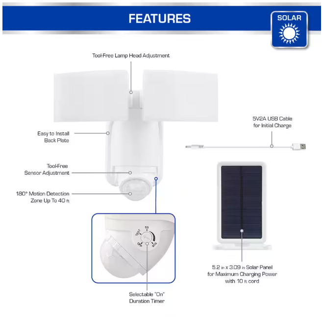 Defiant 180° White Motion Sensor Solar Powered Outdoor 2-Head LED Security Flood Light 1400 Lumens