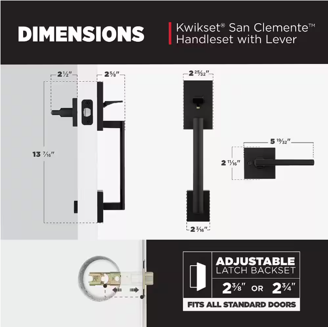 Kwikset San Clemente Matte Black Door Handleset with Halifax Square Door Handle with Microban Antimicrobial Technology