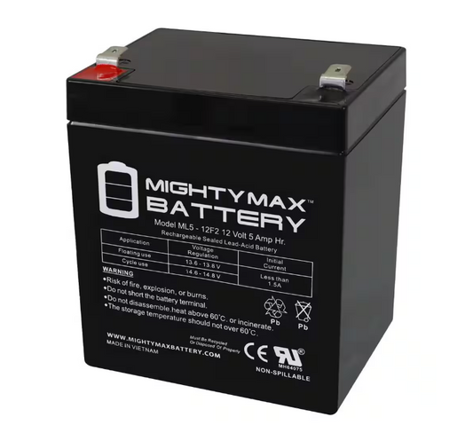 MIGHTY MAX BATTERY ML5-12F2 - 12 Volt 5 AH, F2 Terminal, Rechargeable SLA AGM Battery
