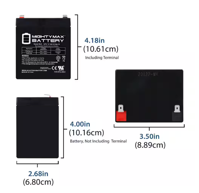 MIGHTY MAX BATTERY ML5-12F2 - 12 Volt 5 AH, F2 Terminal, Rechargeable SLA AGM Battery