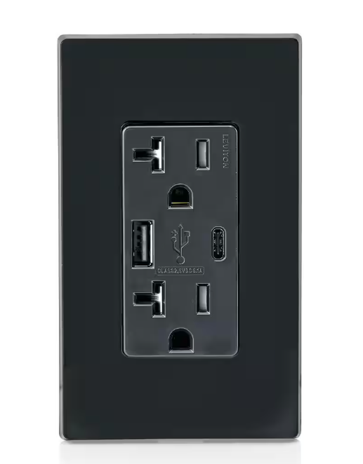 Leviton 20 Amp Type A and Type-C USB Charger/Tamper Resistant Receptacle, Black T5833-E