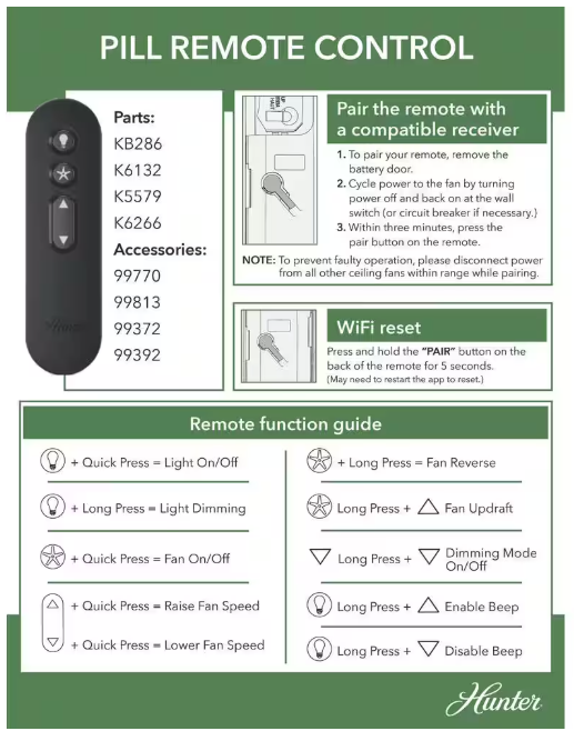 Hunter Universal 3 Speed Damp Rated Ceiling Fan Handheld Remote Control White