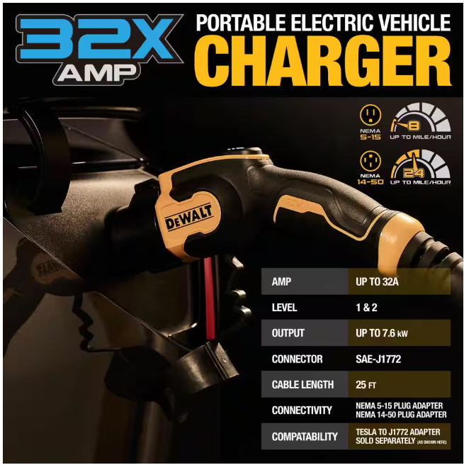 DEWALT Level-2 Portable Electric Vehicle EV Charger up to 32 Amps, 120-240-Volt AC 7.6 KW, 25 Ft. Cable, Weatherproof