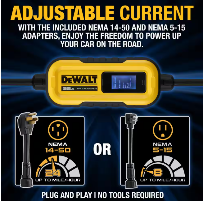 DEWALT Level-2 Portable Electric Vehicle EV Charger up to 32 Amps, 120-240-Volt AC 7.6 KW, 25 Ft. Cable, Weatherproof