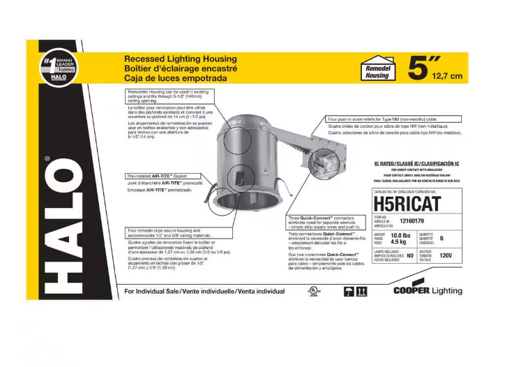 (6 Pack)HALO H5 5 in. Aluminum Recessed Lighting Housing for Remodel Ceiling, Insulation Contact, Air-Tite