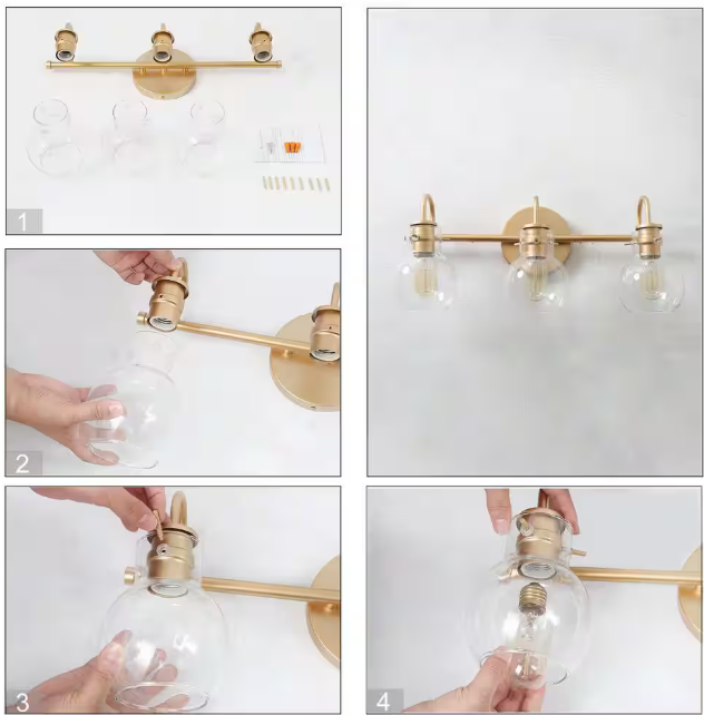 LNC Robb Modern 3-Light Gold Bathroom Vanity Light Interior Powder Room Lighting with Clear Globe Shades