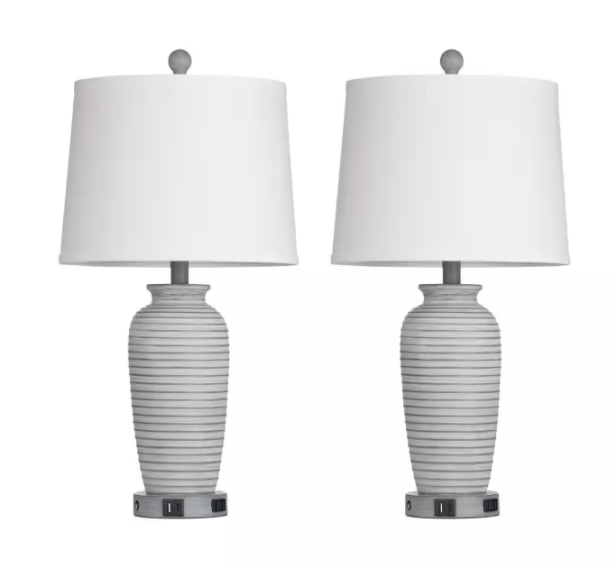 Cinkeda Allisan 25.5 in. Gray Ceramic Table Lamp Set with Type-C, USB Port, and Built-In Outlet (Set of 2)