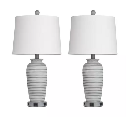 Cinkeda Allisan 25.5 in. Gray Ceramic Table Lamp Set with Type-C, USB Port, and Built-In Outlet (Set of 2)