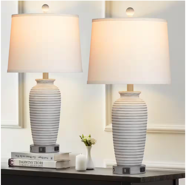 Cinkeda Allisan 25.5 in. Gray Ceramic Table Lamp Set with Type-C, USB Port, and Built-In Outlet (Set of 2)