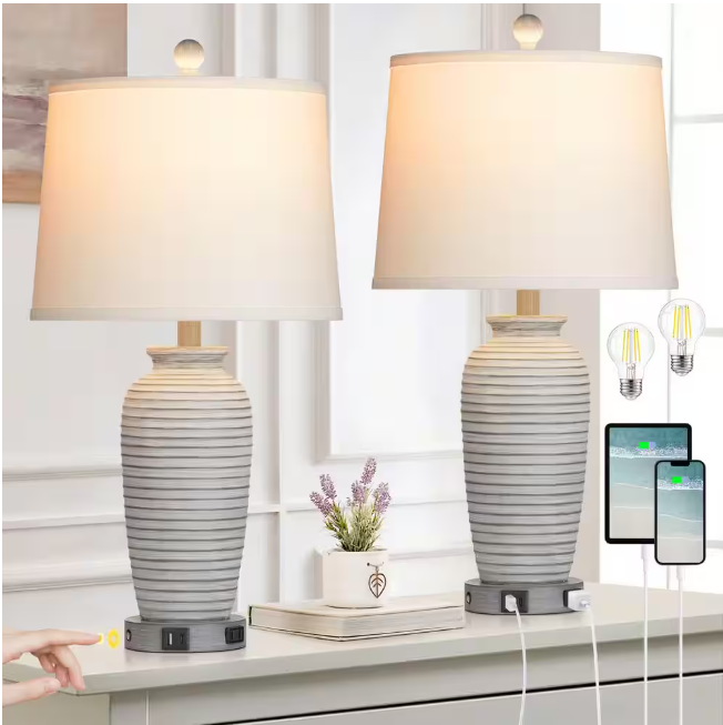 Cinkeda Allisan 25.5 in. Gray Ceramic Table Lamp Set with Type-C, USB Port, and Built-In Outlet (Set of 2)