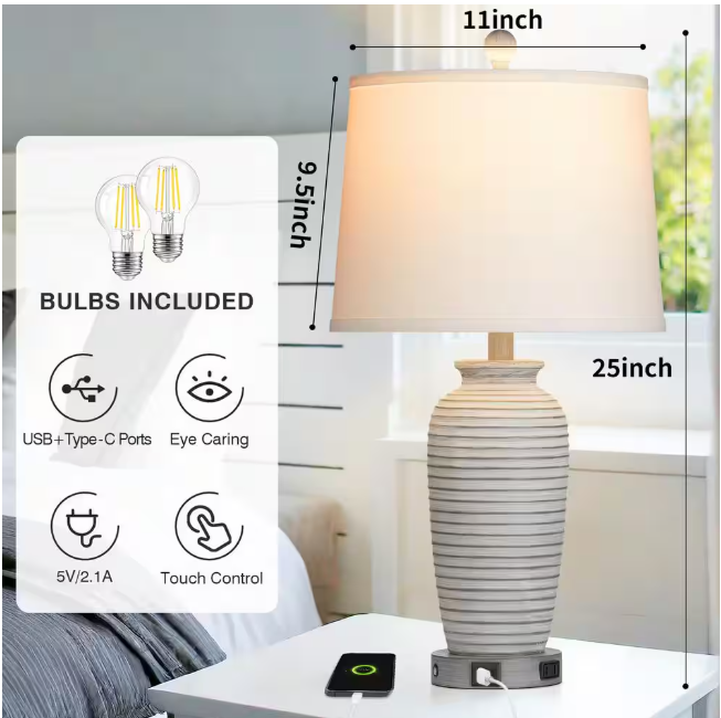 Cinkeda Allisan 25.5 in. Gray Ceramic Table Lamp Set with Type-C, USB Port, and Built-In Outlet (Set of 2)