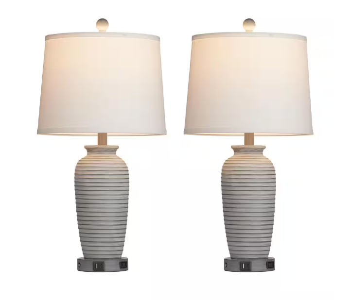 Cinkeda Allisan 25.5 in. Gray Ceramic Table Lamp Set with Type-C, USB Port, and Built-In Outlet (Set of 2)