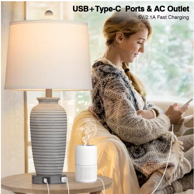 Cinkeda Allisan 25.5 in. Gray Ceramic Table Lamp Set with Type-C, USB Port, and Built-In Outlet (Set of 2)