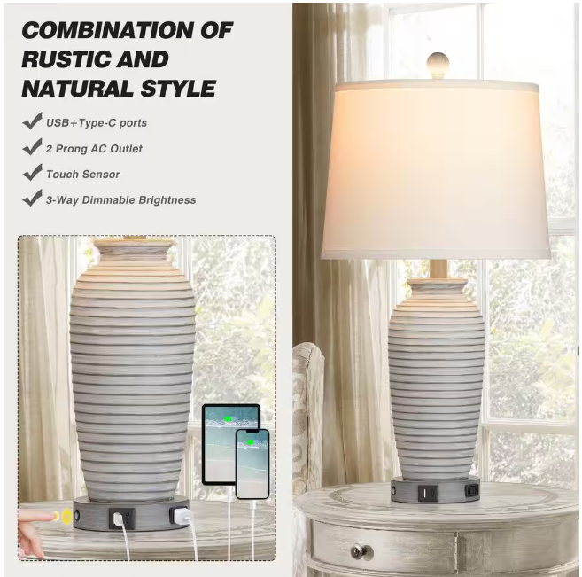 Cinkeda Allisan 25.5 in. Gray Ceramic Table Lamp Set with Type-C, USB Port, and Built-In Outlet (Set of 2)