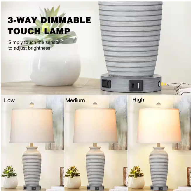 Cinkeda Allisan 25.5 in. Gray Ceramic Table Lamp Set with Type-C, USB Port, and Built-In Outlet (Set of 2)