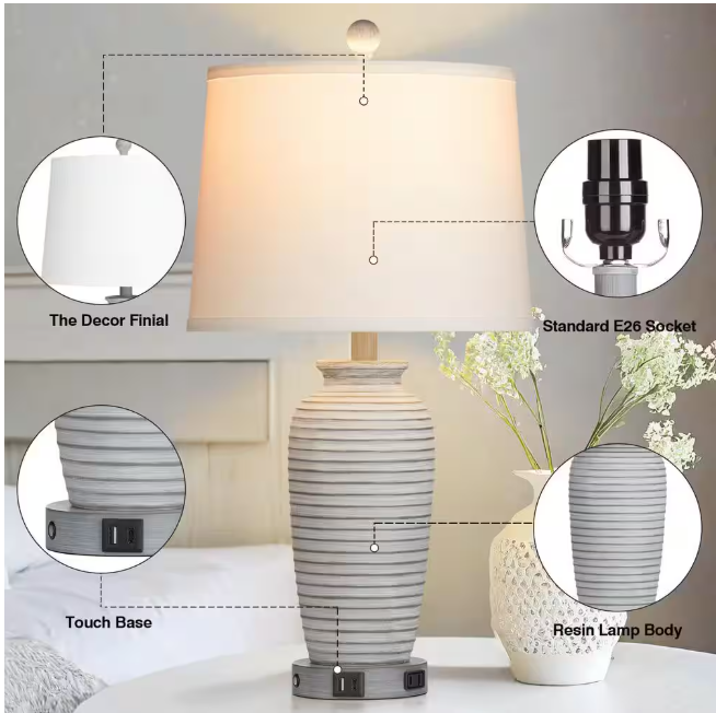 Cinkeda Allisan 25.5 in. Gray Ceramic Table Lamp Set with Type-C, USB Port, and Built-In Outlet (Set of 2)