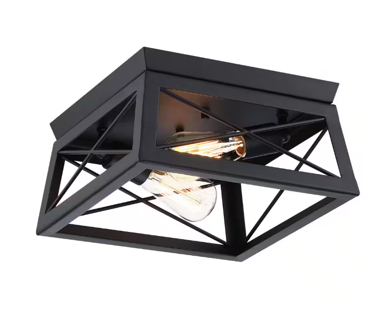 Dawn 2-Light Matte Black Farmhouse Caged Square Ceiling Light Flush Mount for Hallway Bedroom Kitchen