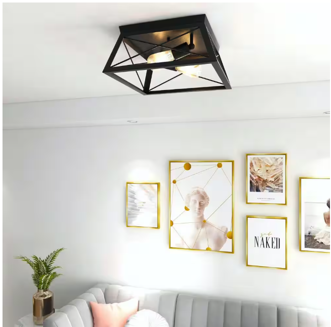 Dawn 2-Light Matte Black Farmhouse Caged Square Ceiling Light Flush Mount for Hallway Bedroom Kitchen