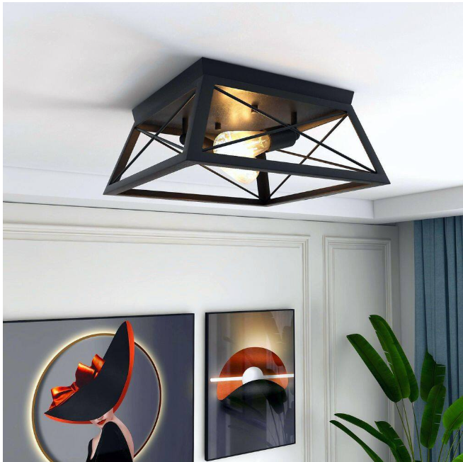 Dawn 2-Light Matte Black Farmhouse Caged Square Ceiling Light Flush Mount for Hallway Bedroom Kitchen