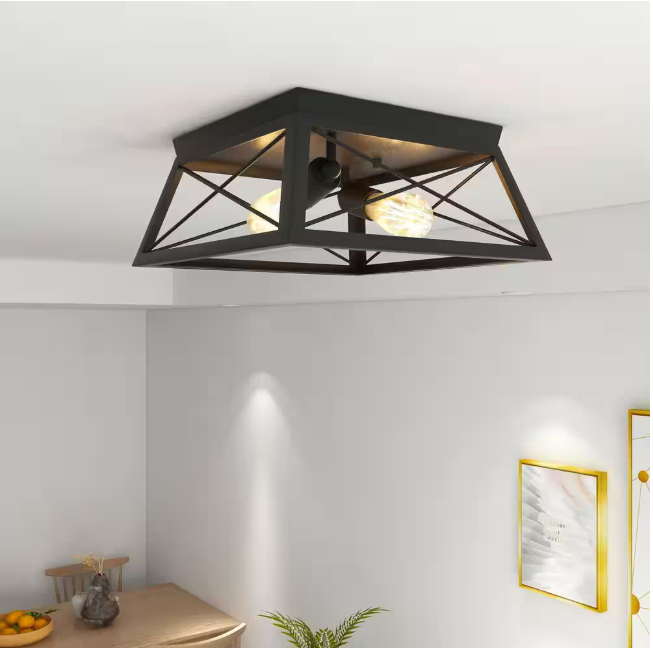 Dawn 2-Light Matte Black Farmhouse Caged Square Ceiling Light Flush Mount for Hallway Bedroom Kitchen