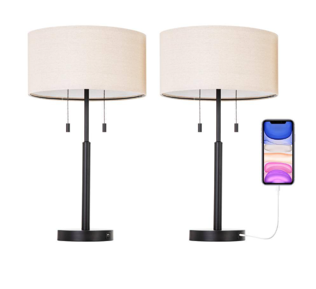 Merra 24 in. Black Table and Desk Lamps with USB Ports and Twin Lights (Set of 2)