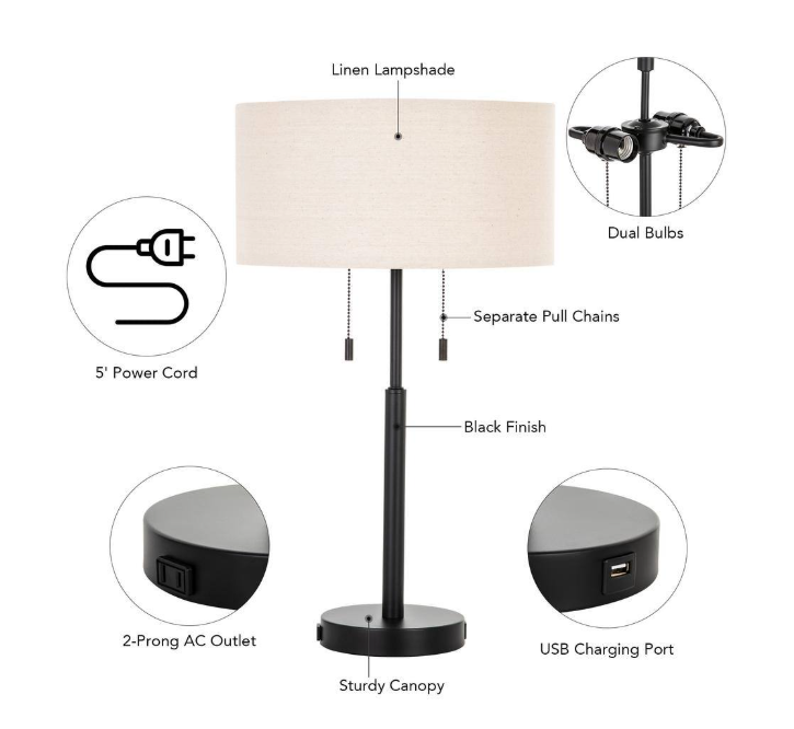 Merra 24 in. Black Table and Desk Lamps with USB Ports and Twin Lights (Set of 2)