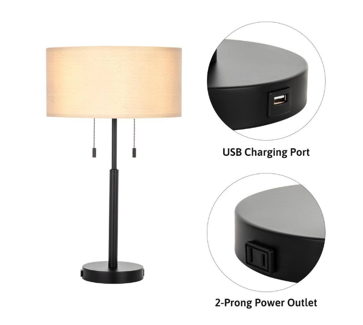 Merra 24 in. Black Table and Desk Lamps with USB Ports and Twin Lights (Set of 2)