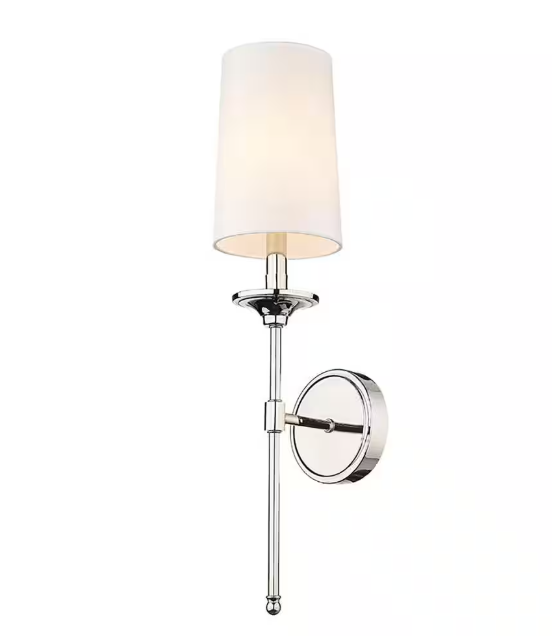 Z-Lite Emily 5.5 in. 1-Light Polished Nickel Wall Sconce with Off White Cloth Cover Shade