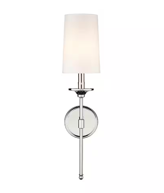 Z-Lite Emily 5.5 in. 1-Light Polished Nickel Wall Sconce with Off White Cloth Cover Shade