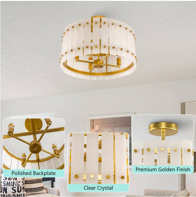 Flint Garden 17.7 in. 4-Light Modern Drum Semi-Flush Mount Ceiling Light with Marble Shade