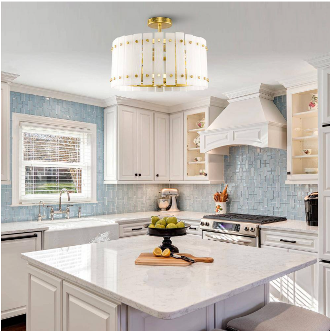 Flint Garden 17.7 in. 4-Light Modern Drum Semi-Flush Mount Ceiling Light with Marble Shade