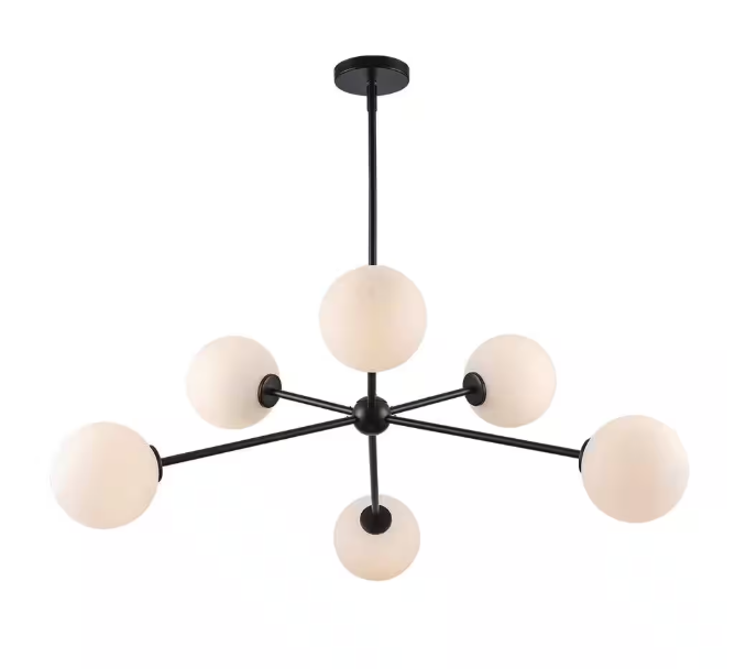 Monteaux Lighting 39 in. 6-Light Black Sputnik Pendant Light Fixture with Opal Glass Globe Shades
