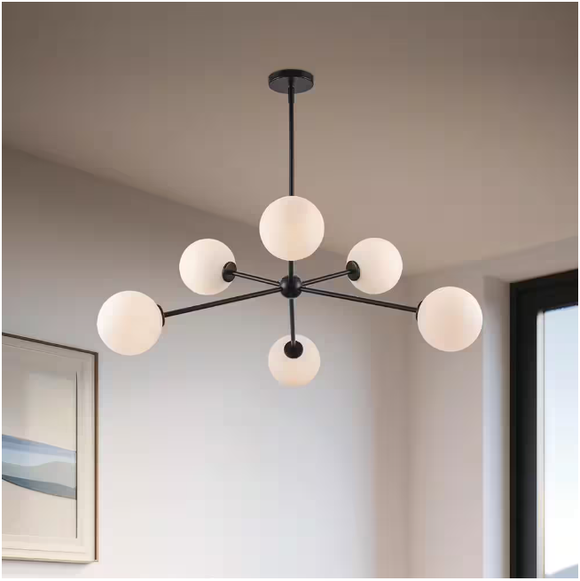 Monteaux Lighting 39 in. 6-Light Black Sputnik Pendant Light Fixture with Opal Glass Globe Shades