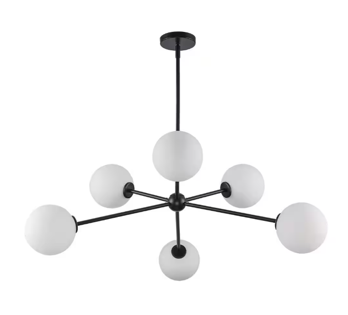 Monteaux Lighting 39 in. 6-Light Black Sputnik Pendant Light Fixture with Opal Glass Globe Shades