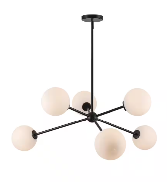 Monteaux Lighting 39 in. 6-Light Black Sputnik Pendant Light Fixture with Opal Glass Globe Shades
