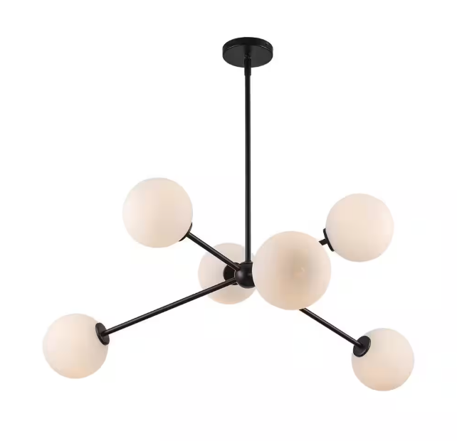 Monteaux Lighting 39 in. 6-Light Black Sputnik Pendant Light Fixture with Opal Glass Globe Shades