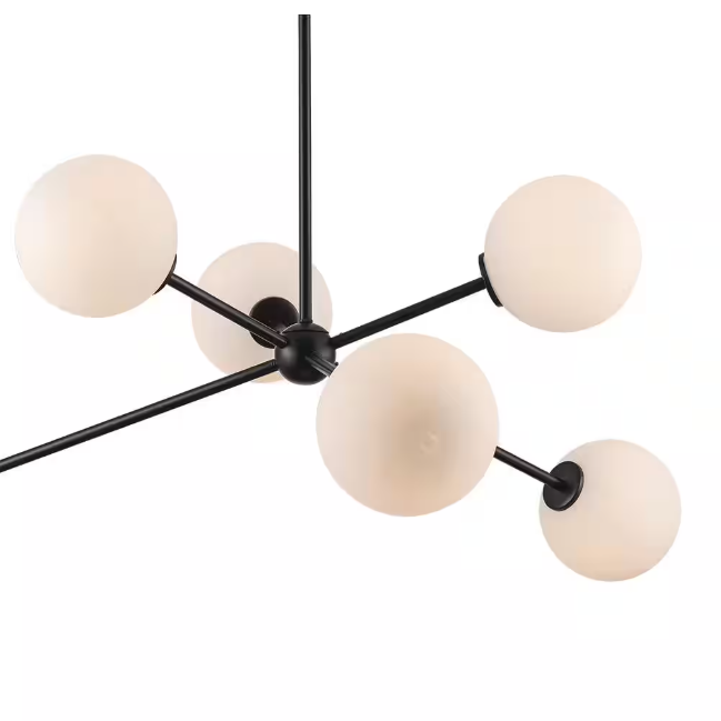 Monteaux Lighting 39 in. 6-Light Black Sputnik Pendant Light Fixture with Opal Glass Globe Shades