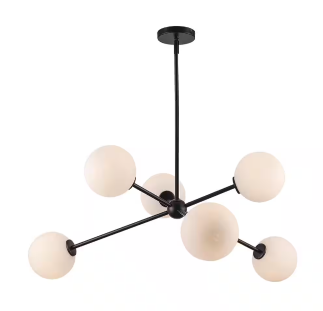 Monteaux Lighting 39 in. 6-Light Black Sputnik Pendant Light Fixture with Opal Glass Globe Shades