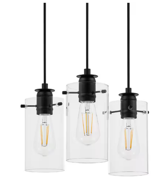 Hampton Bay Regan 3-Light Matte Black Pendant Hanging Light with Clear Glass Shades, Industrial Kitchen Pendant Lighting
