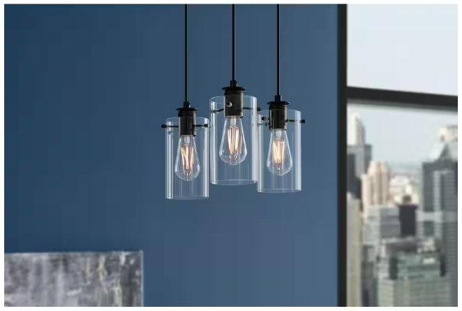 Hampton Bay Regan 3-Light Matte Black Pendant Hanging Light with Clear Glass Shades, Industrial Kitchen Pendant Lighting