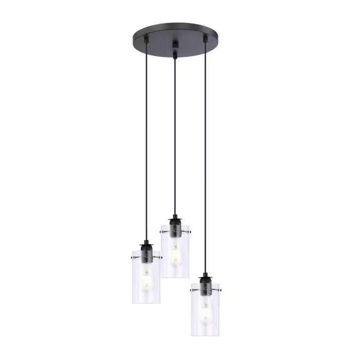 Hampton Bay Regan 3-Light Matte Black Pendant Hanging Light with Clear Glass Shades, Industrial Kitchen Pendant Lighting